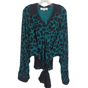 Diane Von Furstenberg Teal Black Animal Print Blouse V-Neck‎ Tie Waist L
